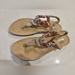 Women's Tan Braided Slingback Sandals with Rhinestone Knot Accent